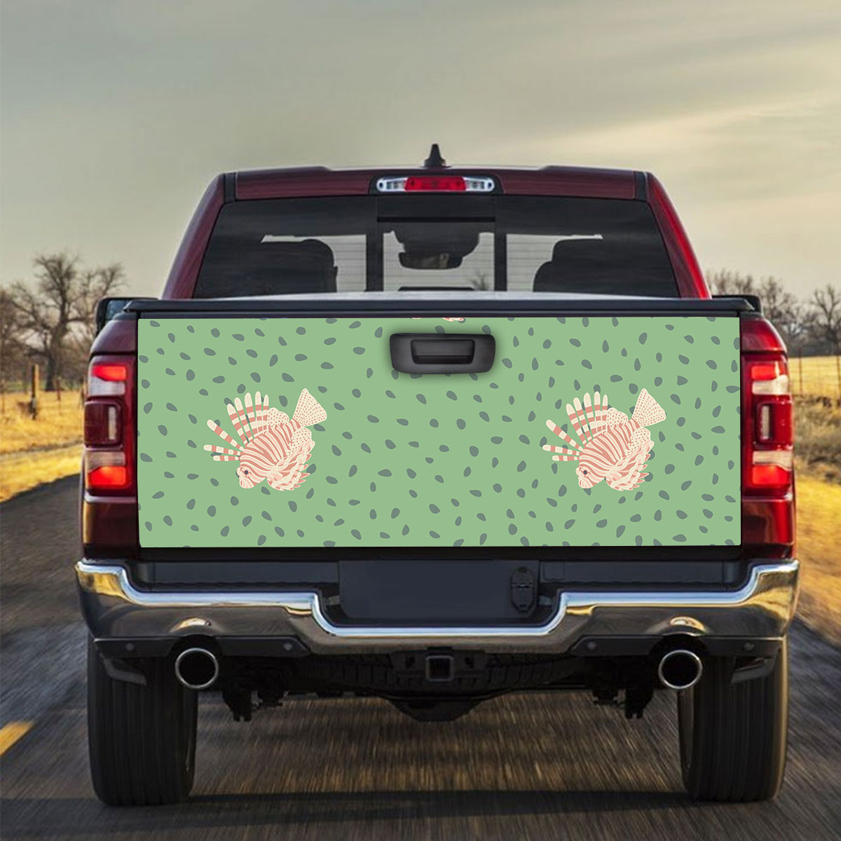 Pink Lionfish On Green Truck Bed Decal