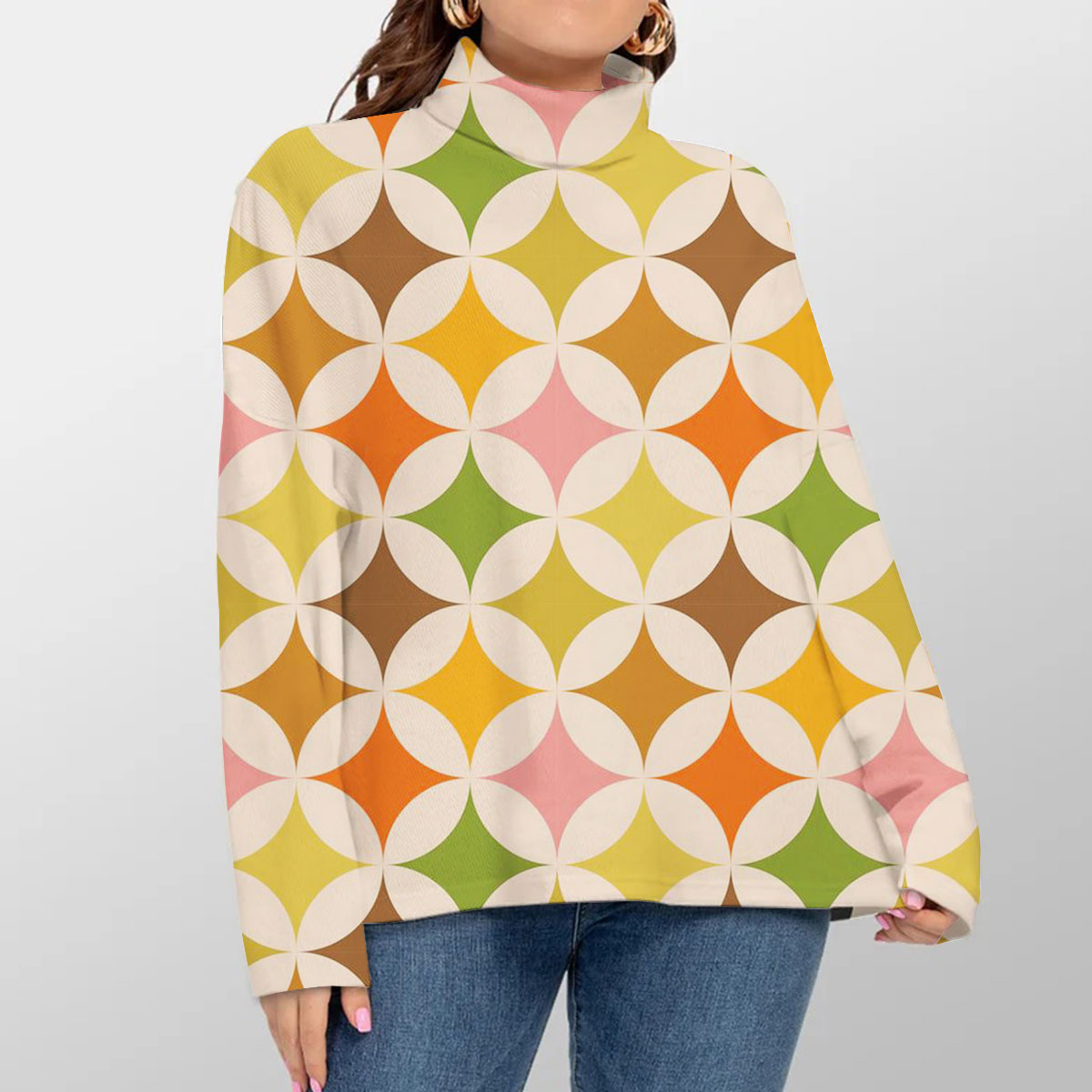 Mid Century Modern Colorful Starburst On White Circles Turtleneck Sweater