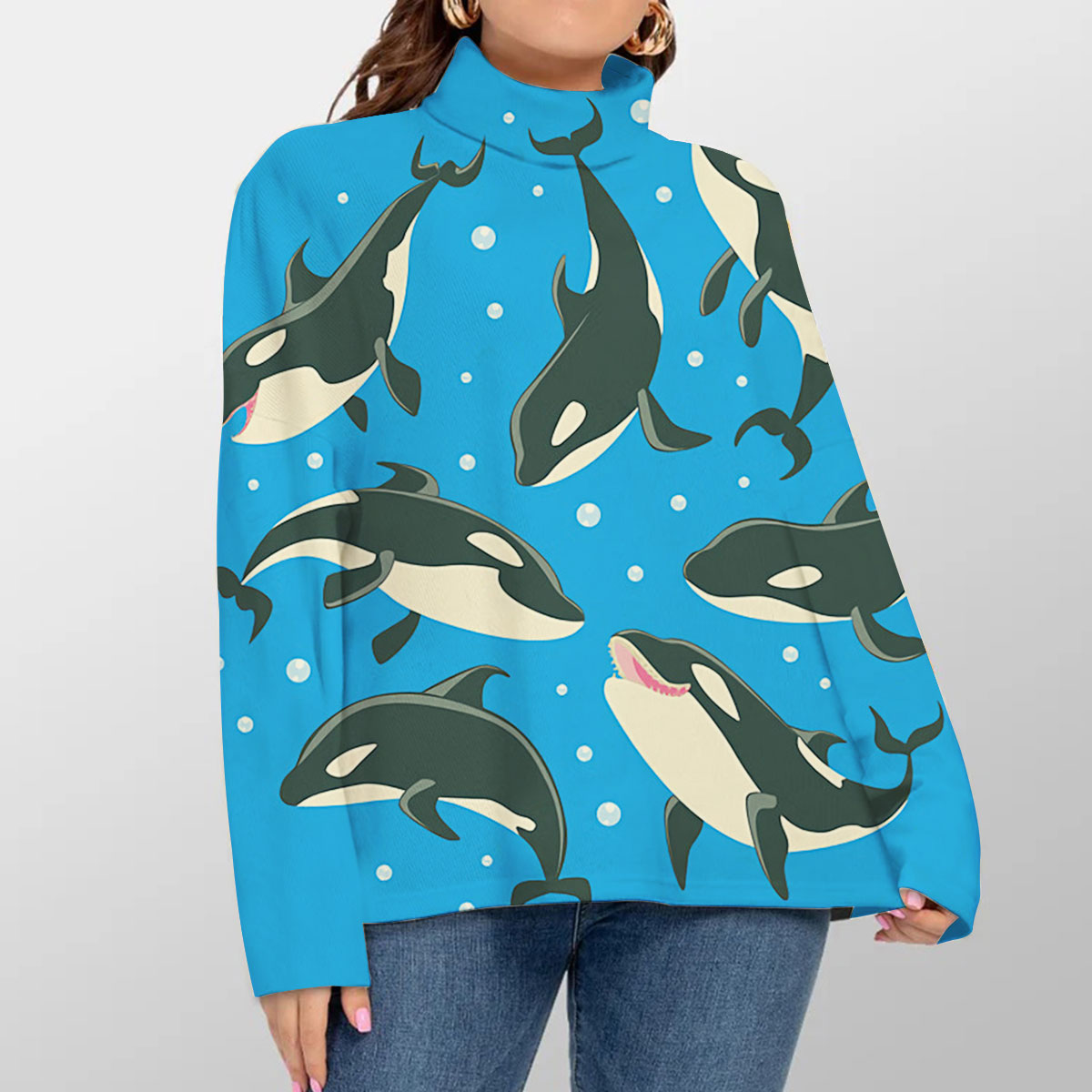 Orca Whale On Blue Turtleneck Sweater