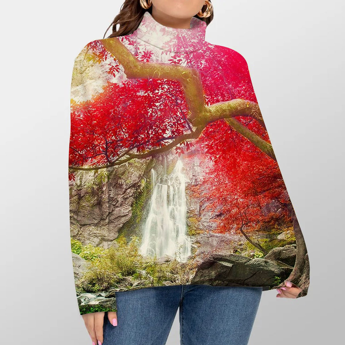 Red Autumn Waterfall Turtleneck Sweater
