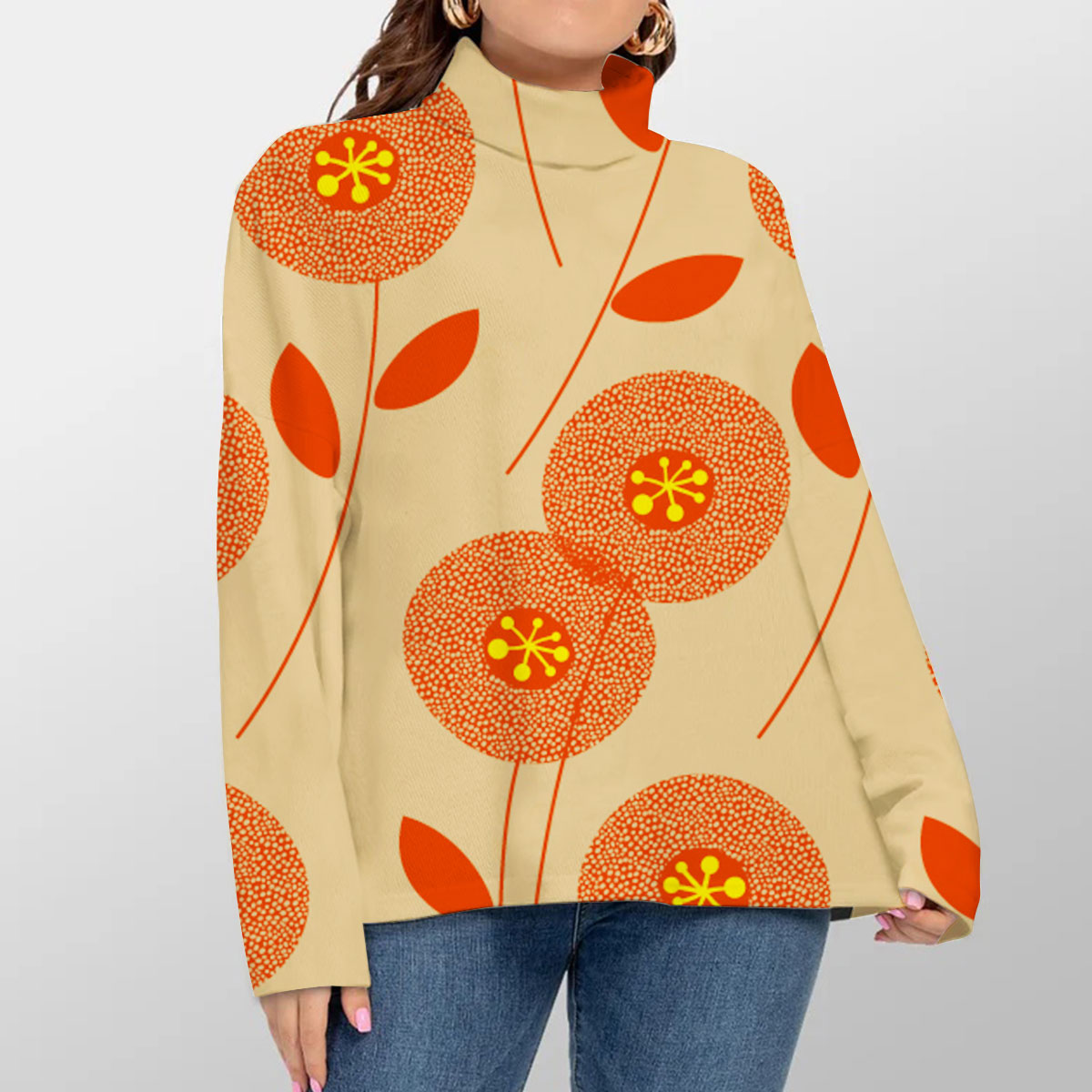 Retro Flower Mid Century Modern Turtleneck Sweater