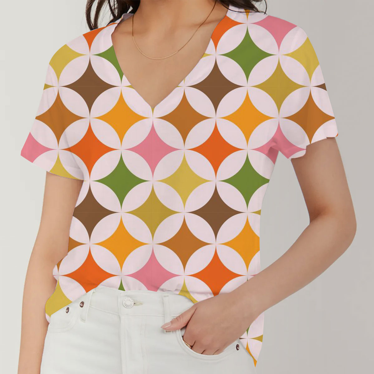 Mid Century Modern Colorful Starburst On White Circles V-Neck Women's T-Shirt