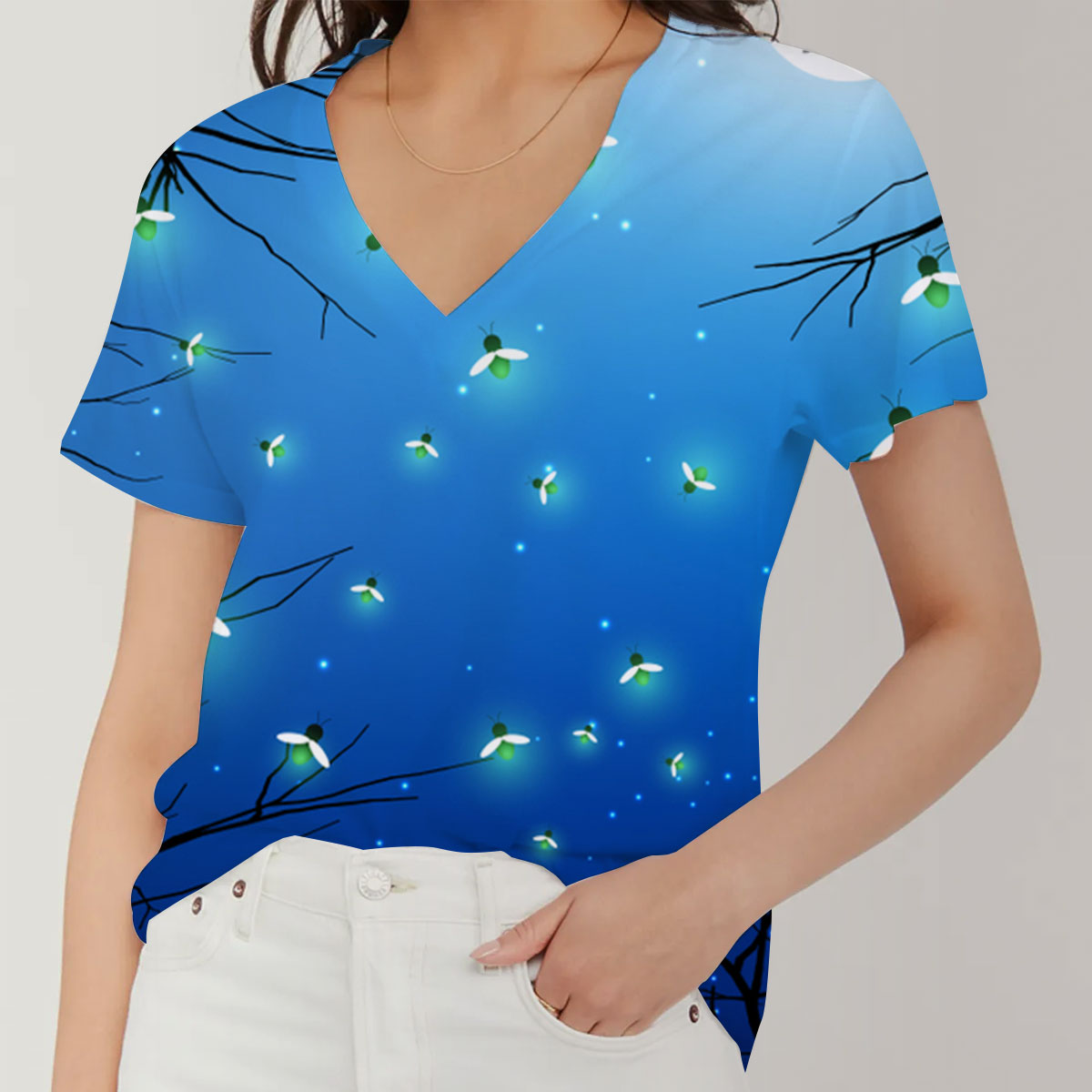 Moonlight Fireflies V-Neck Women's T-Shirt