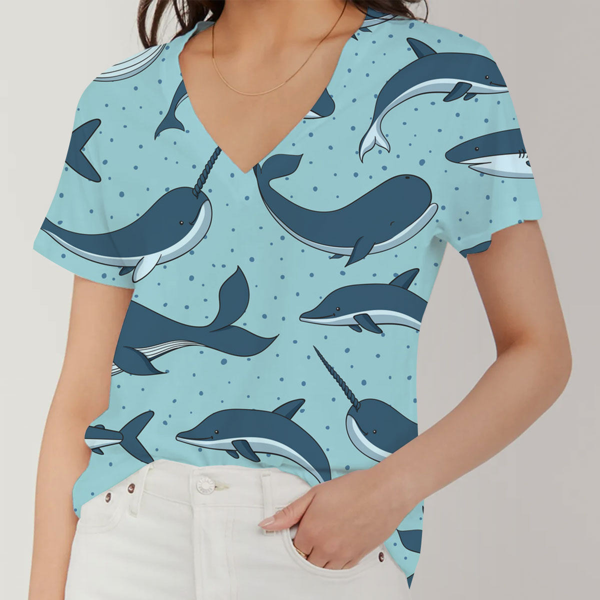 Narwhal Whale Shark Dolphin V-Neck Women's T-Shirt