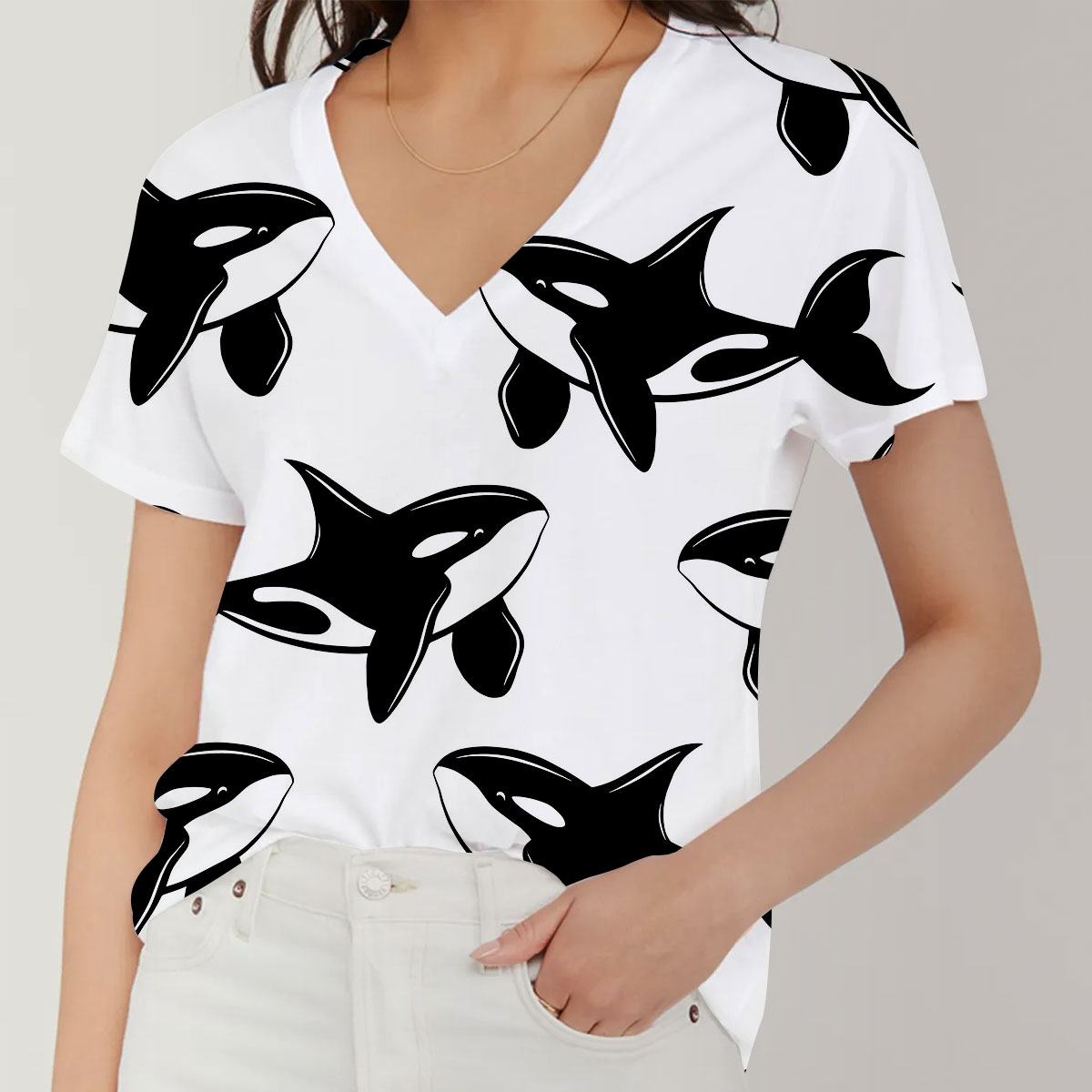 Orca On White Monogram V-Neck Women's T-Shirt