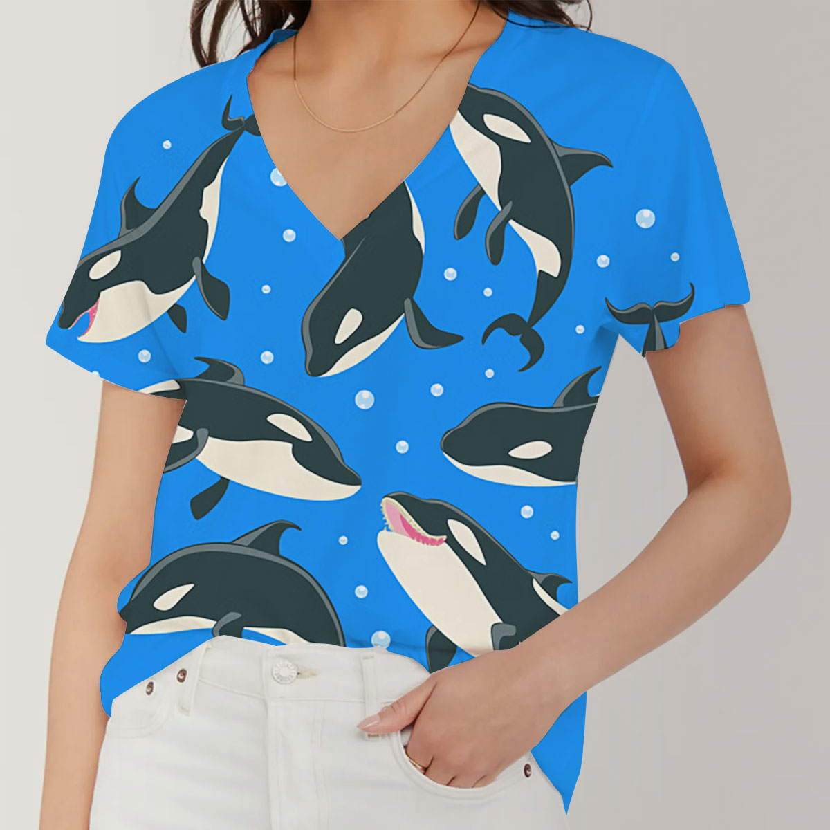 Orca Whale On Blue V-Neck Women's T-Shirt