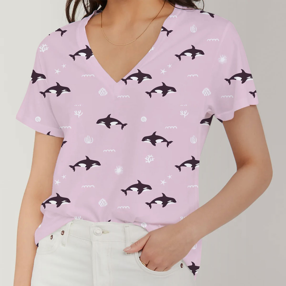 Pink Ocean Orca V-Neck Women's T-Shirt