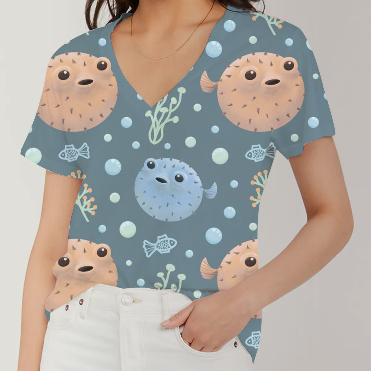 Puffer Fish Monogram V-Neck Women's T-Shirt