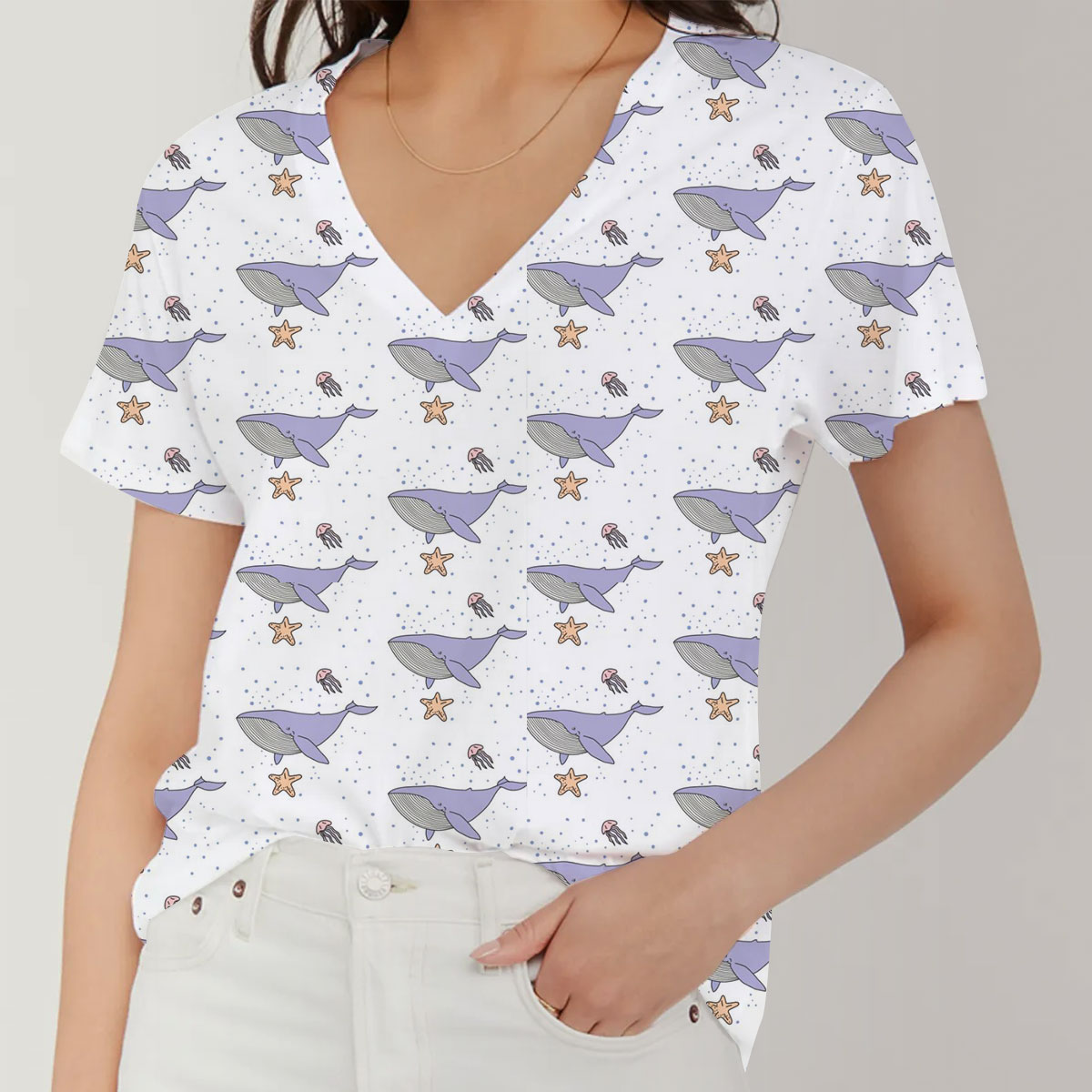 Purple Blue Whale Monogram V-Neck Women's T-Shirt