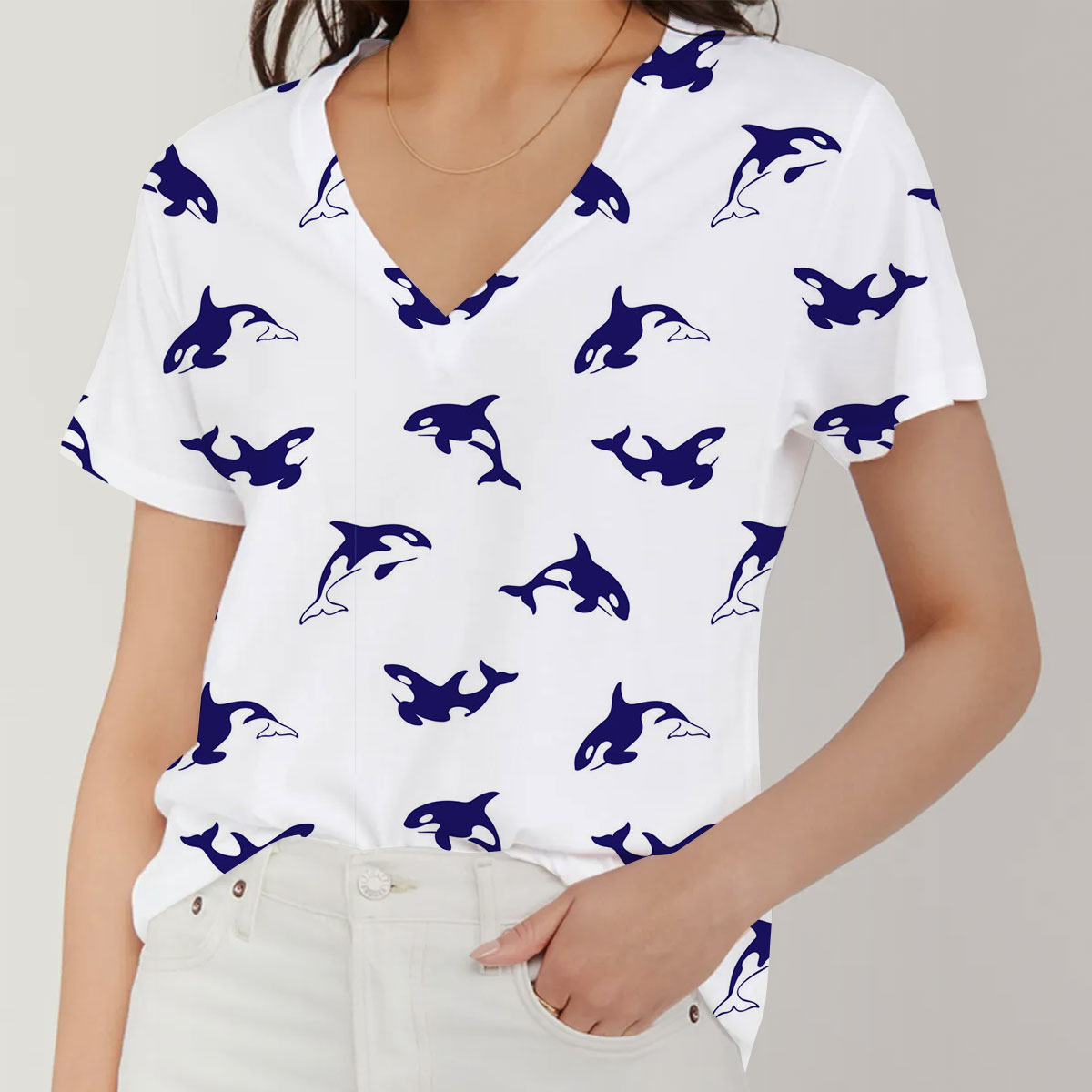 Purple Orca On White V-Neck Women's T-Shirt