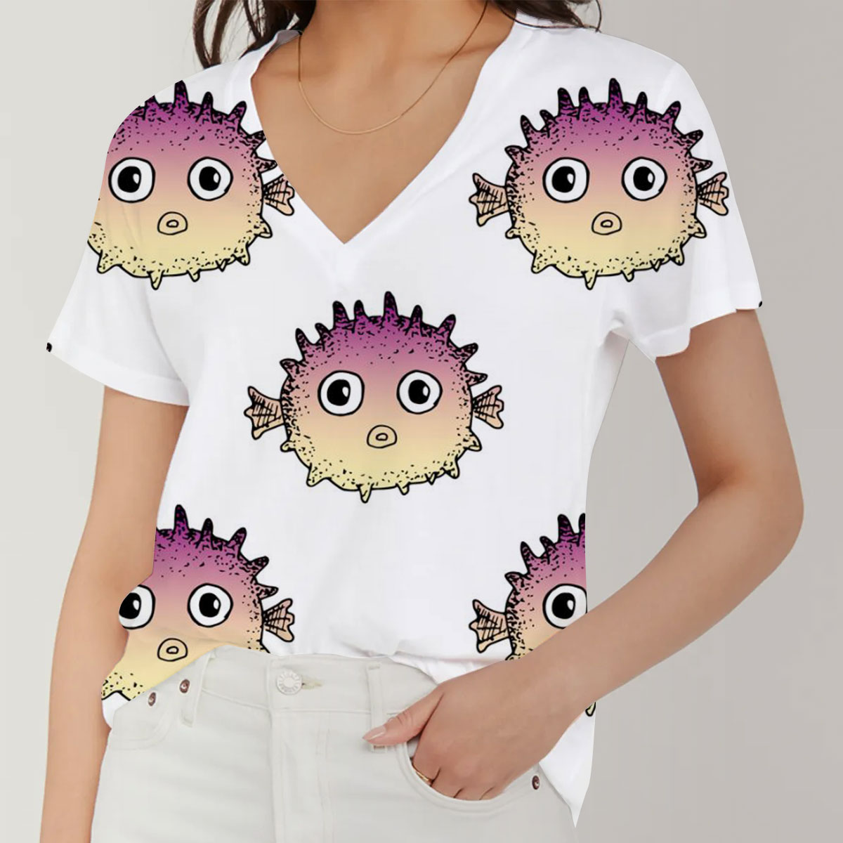 Purple Puffer Fish V-Neck Women's T-Shirt