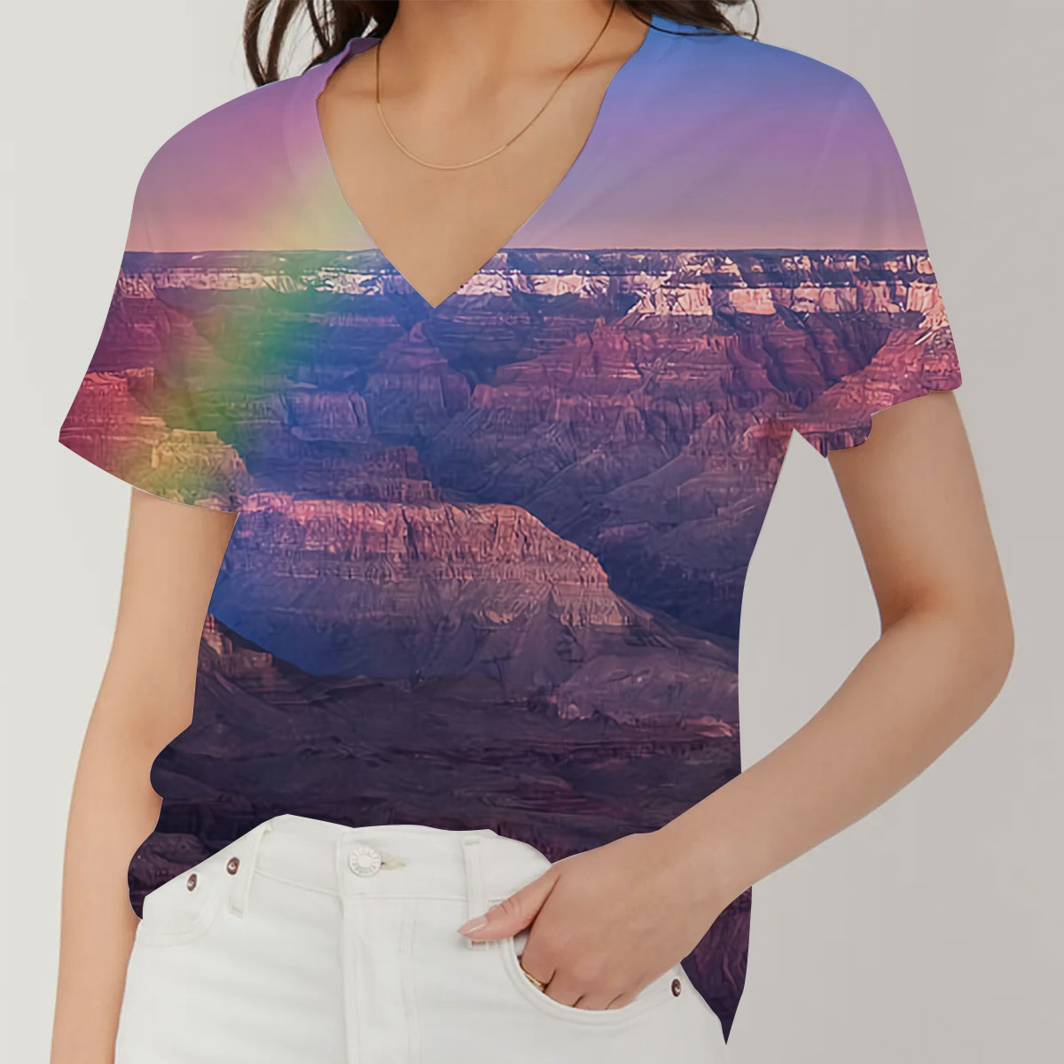 Rainbow Over Grand Canyon V-Neck Women's T-Shirt