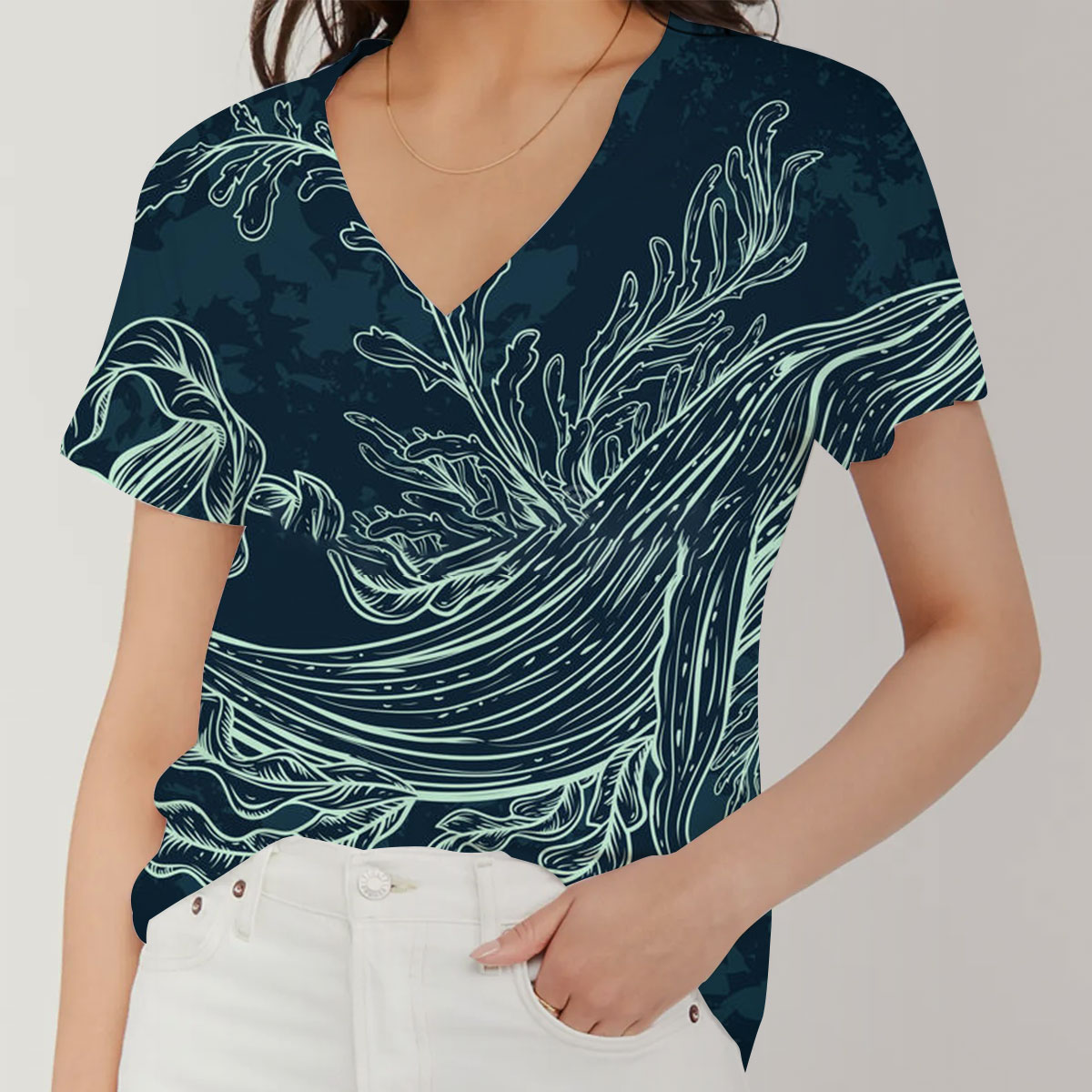Seaweed Blue Whale V-Neck Women's T-Shirt