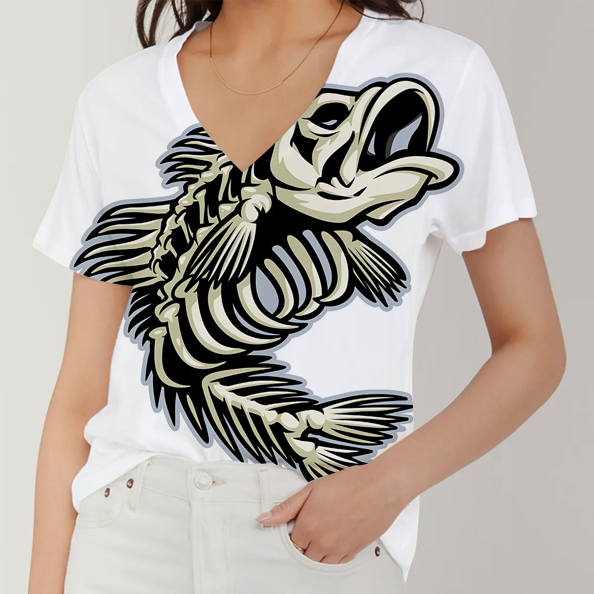 Skeleton Bass Fish V-Neck Women's T-Shirt