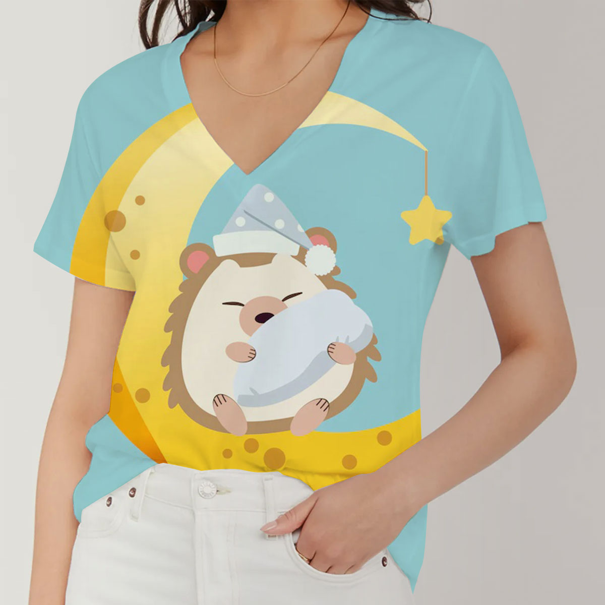 Sleepy Hedgehog V-Neck Women's T-Shirt