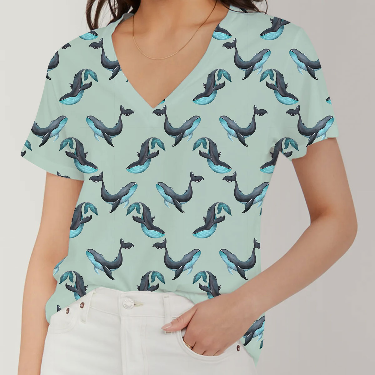 Sparkling Blue Whale V-Neck Women's T-Shirt