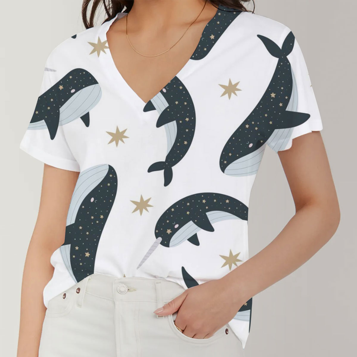 Star Narhwhal Whale V-Neck Women's T-Shirt