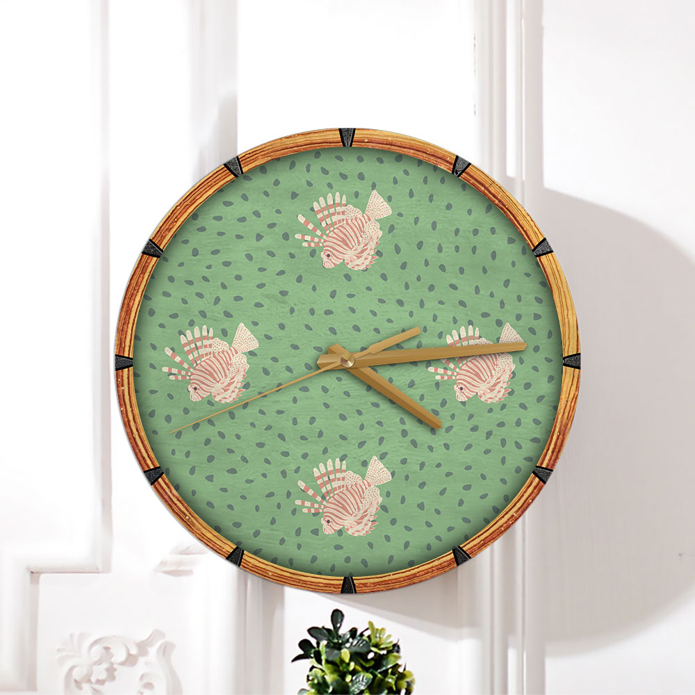 Pink Lionfish On Green Wall Clock