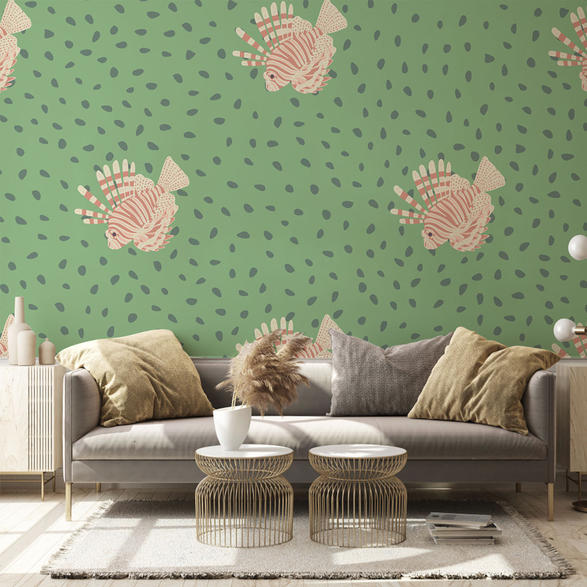 Pink Lionfish On Green Wall Mural