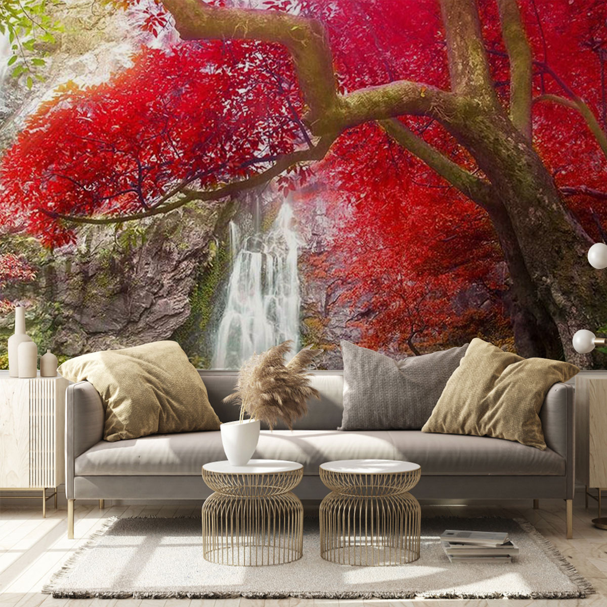 Red Autumn Waterfall Wall Mural