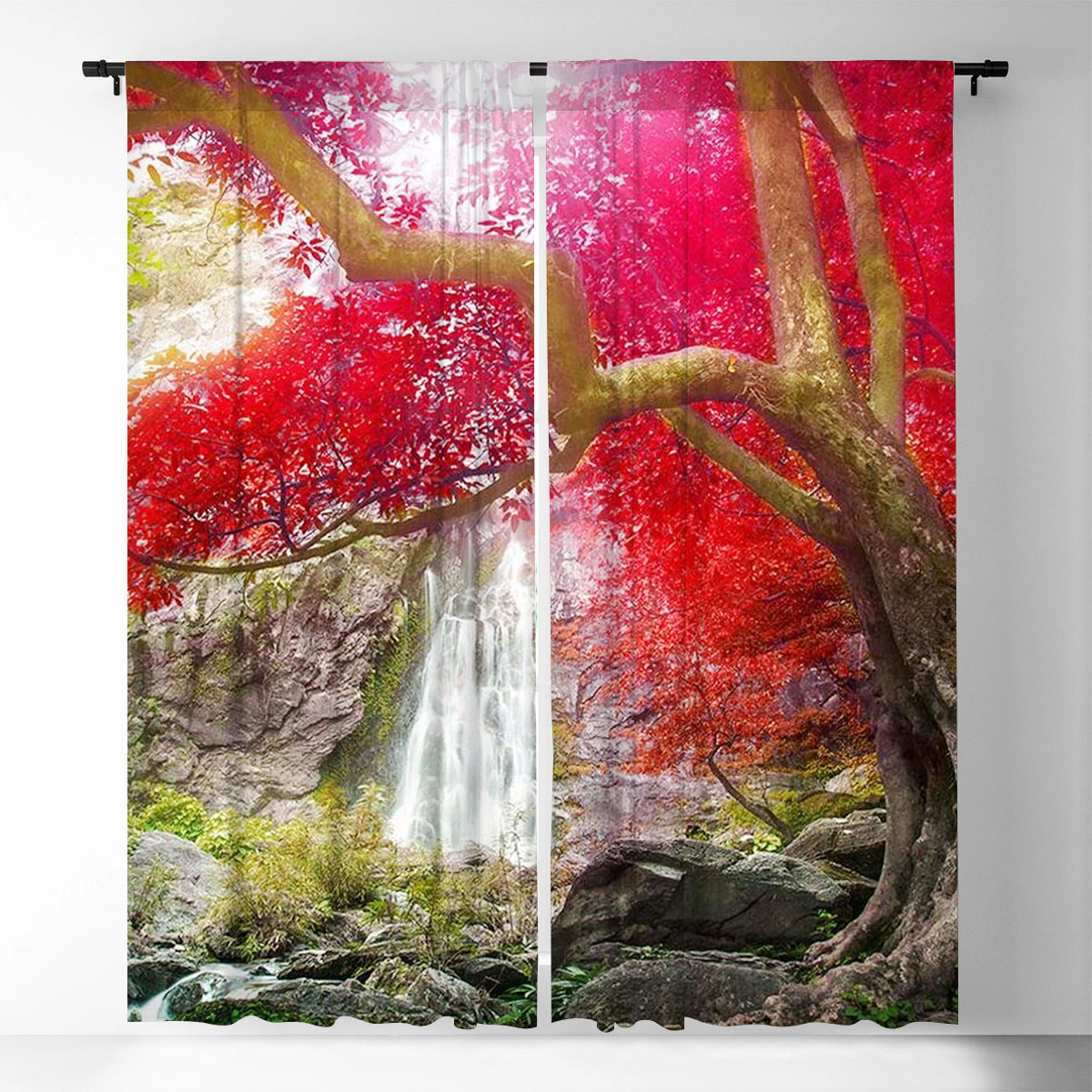Red Autumn Waterfall Window Curtain