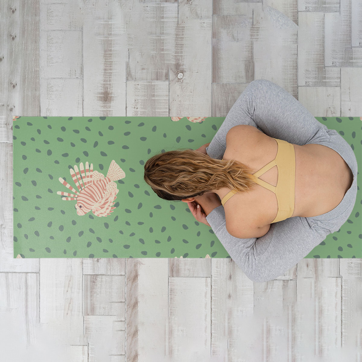 Pink Lionfish On Green Yoga Mat