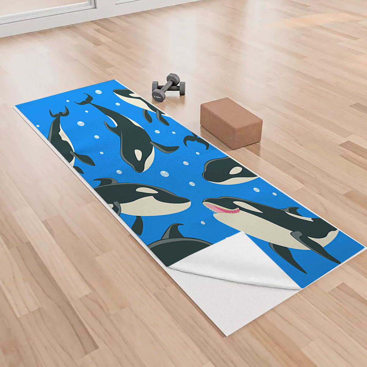 Orca Whale On Blue Yoga Towels