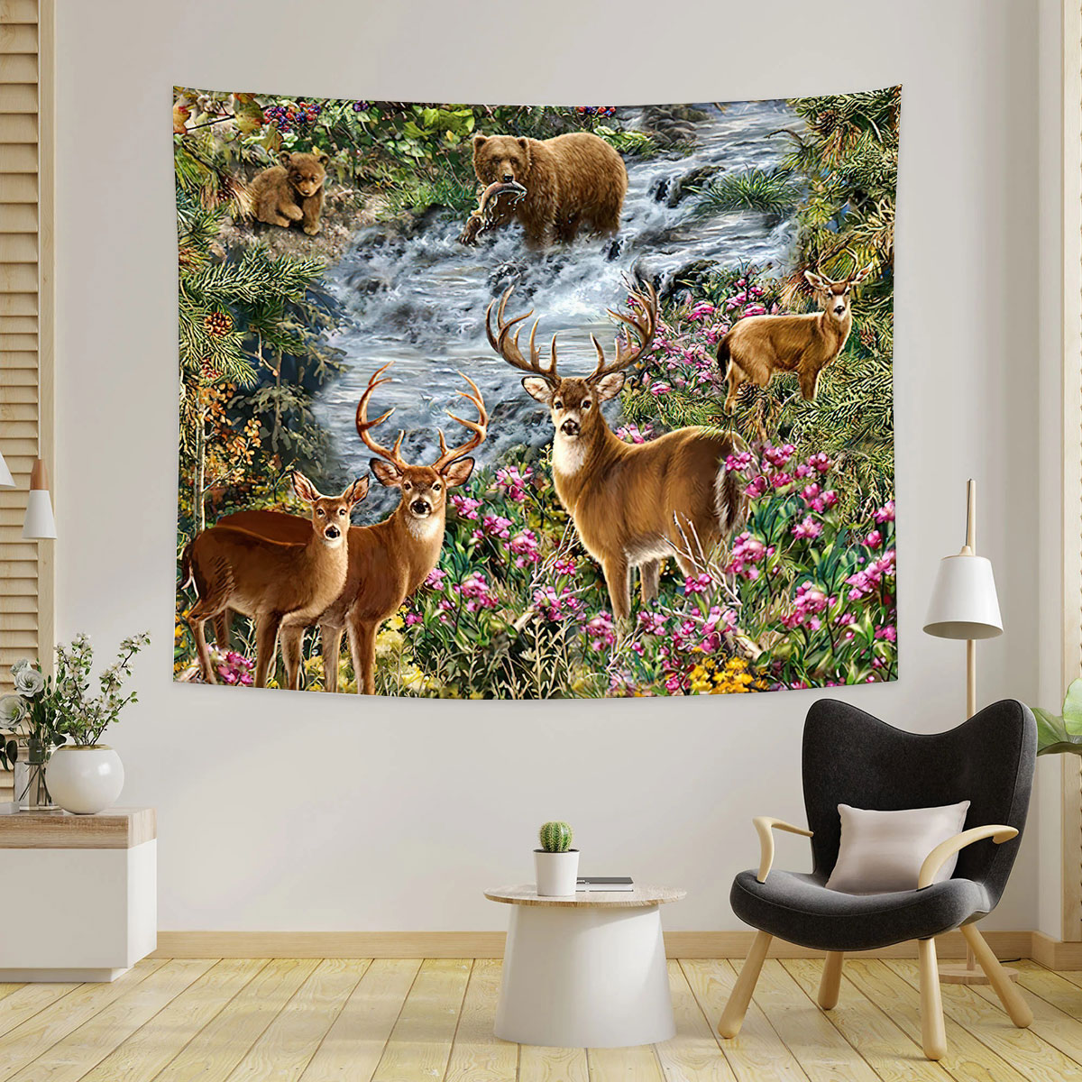 Deer and Bear Forest Hunting Tapestry_1_2.1