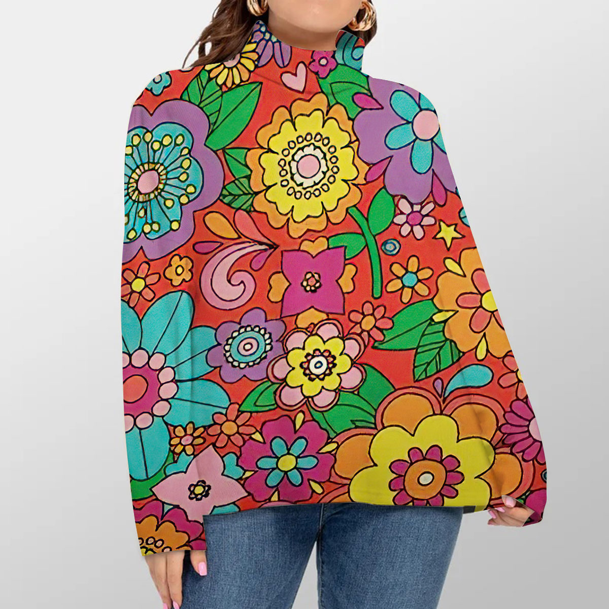 Colourful Floral Hippie Turtleneck Sweater_1_2.1