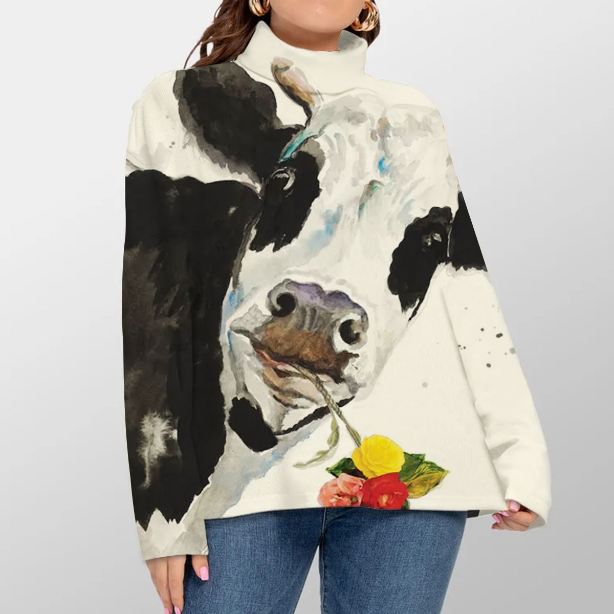 Cow Hold Flower Turtleneck Sweater_1_2.1