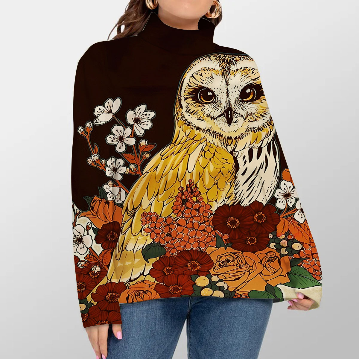 Floral Brown Owl Turtleneck Sweater_1_2.1