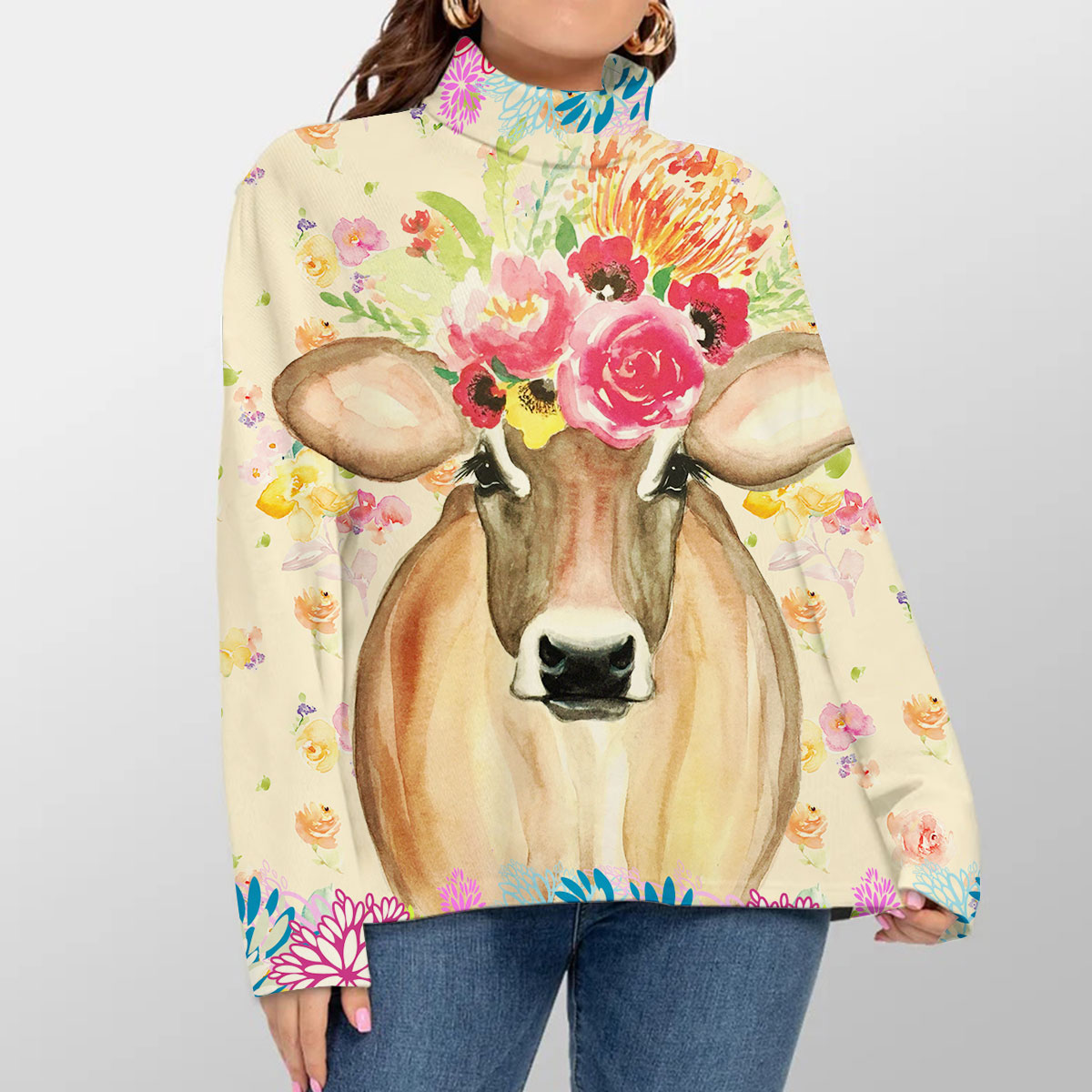 Floral Cow Turtleneck Sweater_1_2.1