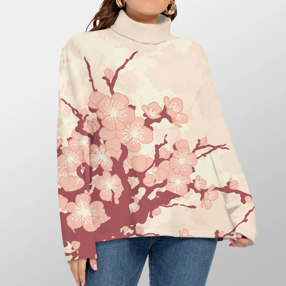 Pink Sakura Flower Turtleneck Sweater_1_2.1