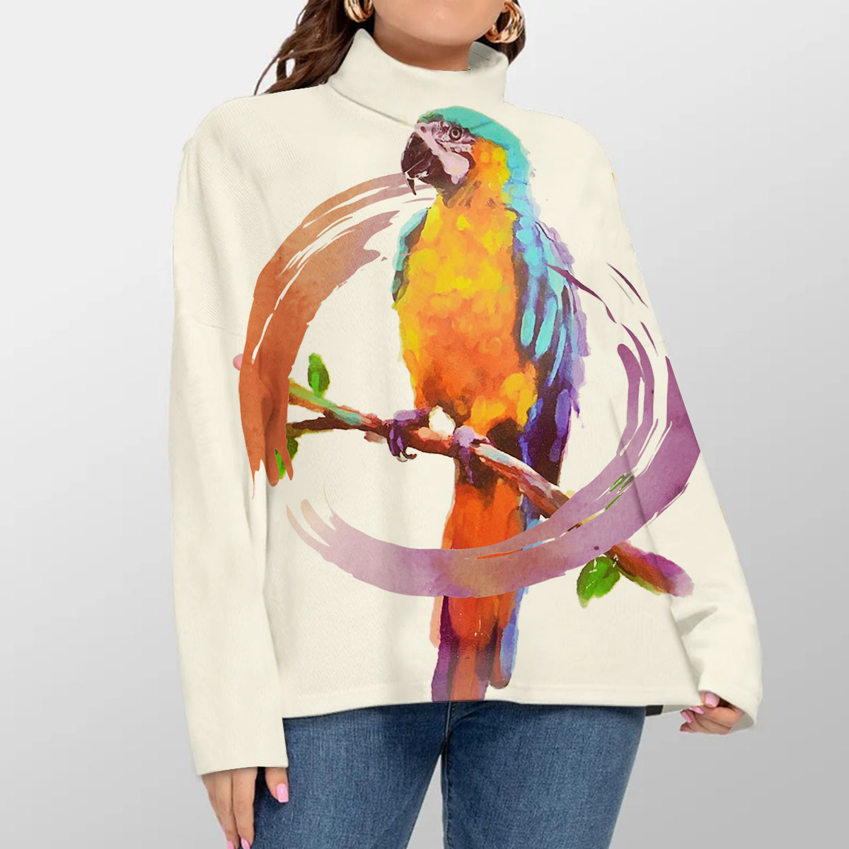 Water Color Parrot Turtleneck Sweater_1_2.1