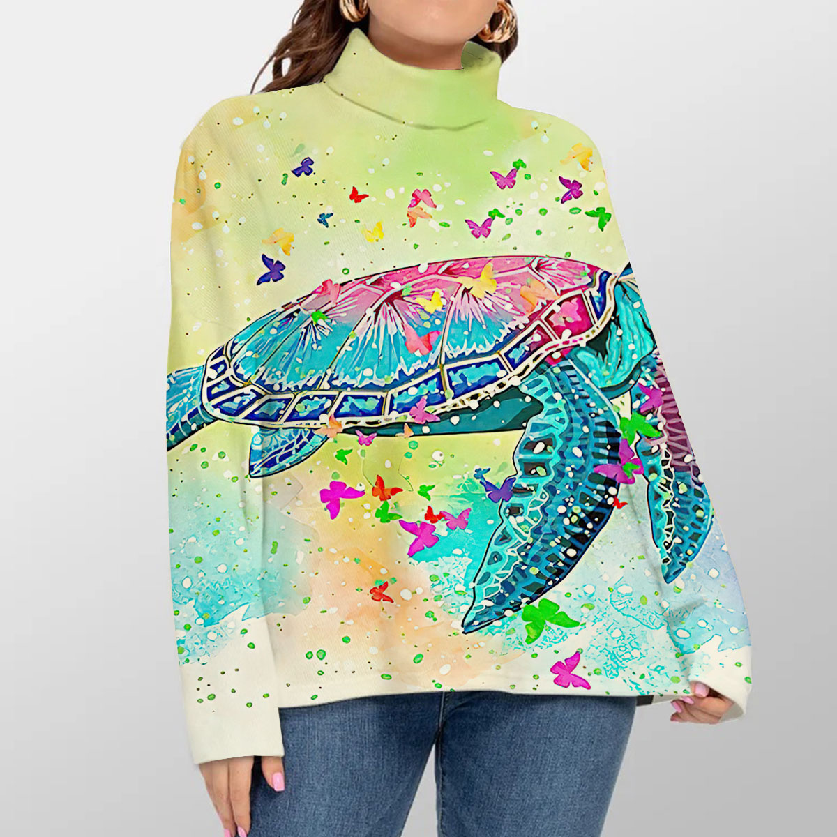 Watercolor Butterfly And Turtle Turtleneck Sweater_1_2.1