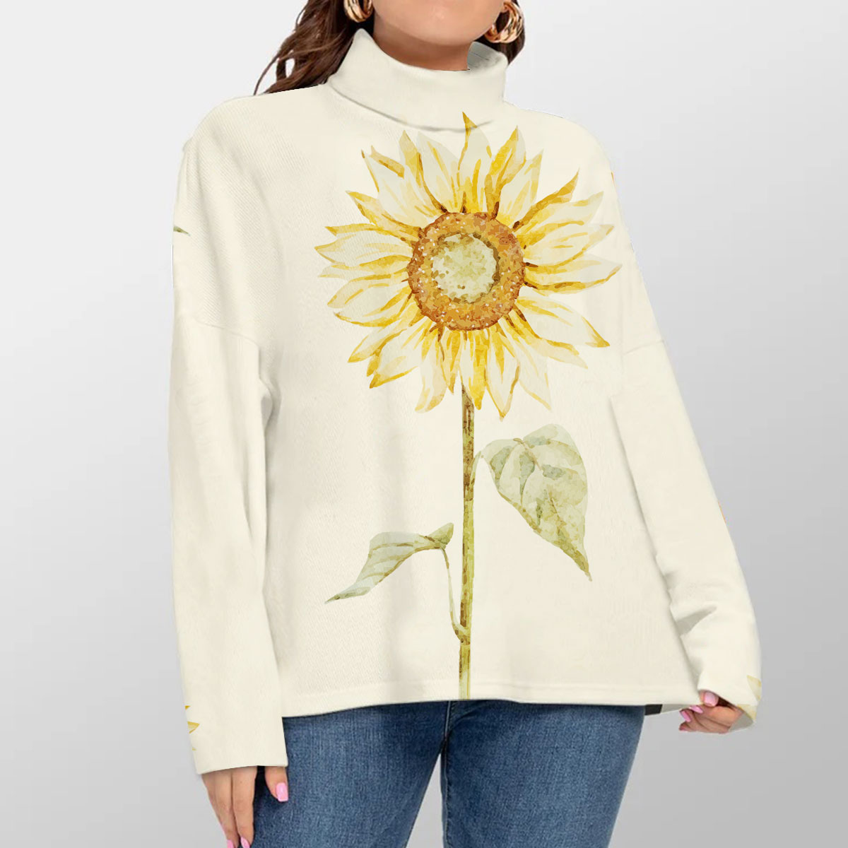 White Beautiful Sunflower Turtleneck Sweater_1_2.1