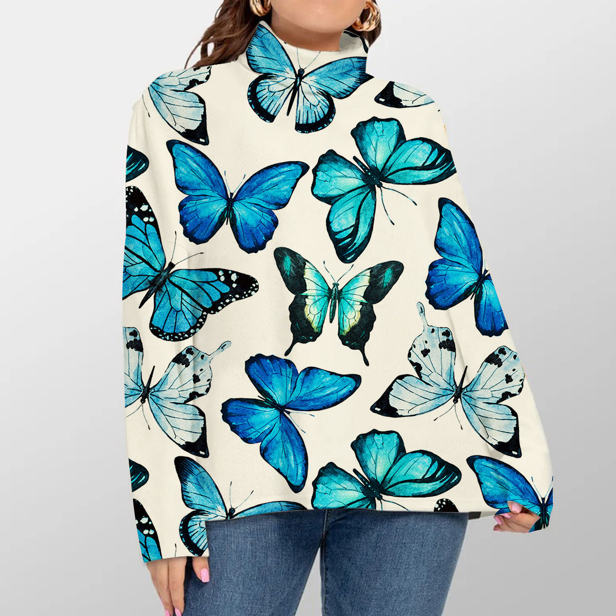 White Blue Butterfly Turtleneck Sweater_1_2.1