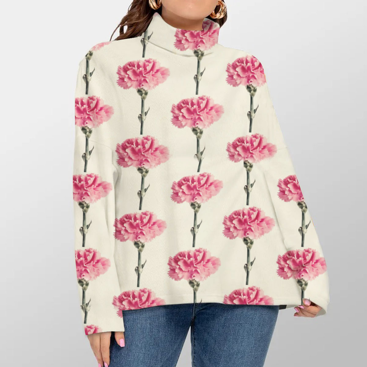 White Pink Carnations Turtleneck Sweater_1_2.1