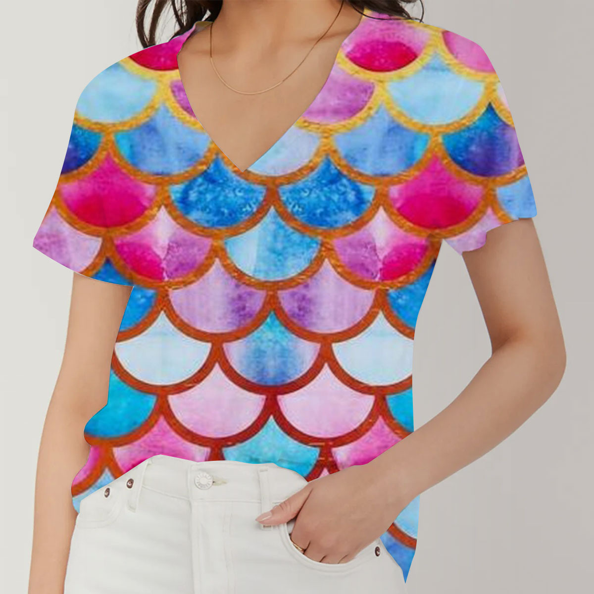 Colorful Rainbow Mermaid Scales V-Neck Women's T-Shirt_1_2.1