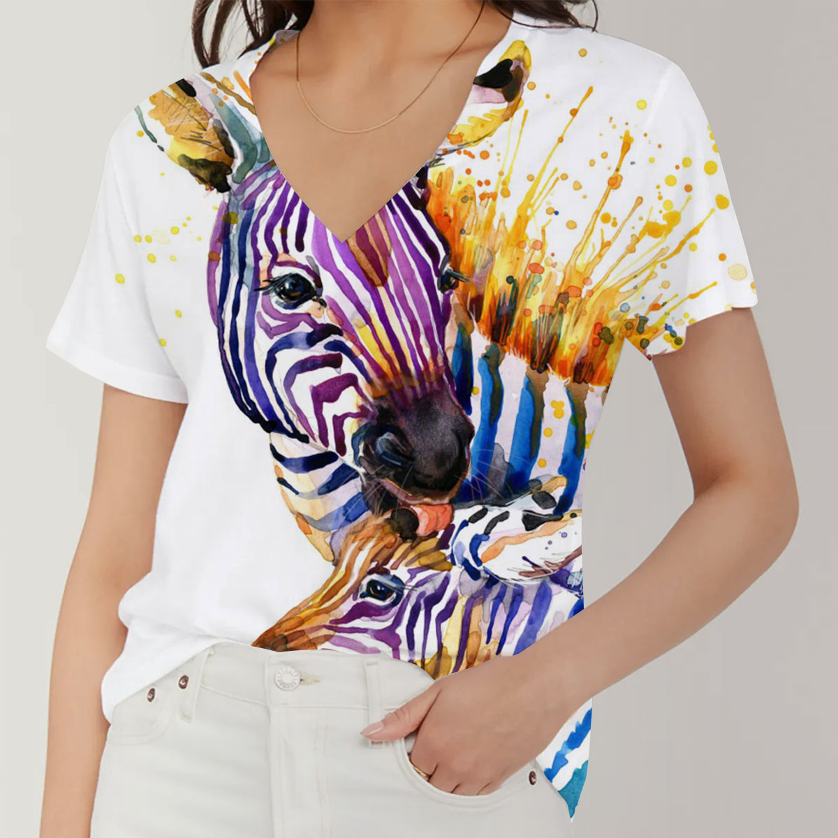Colorful Zebra V-Neck Women's T-Shirt_1_2.1