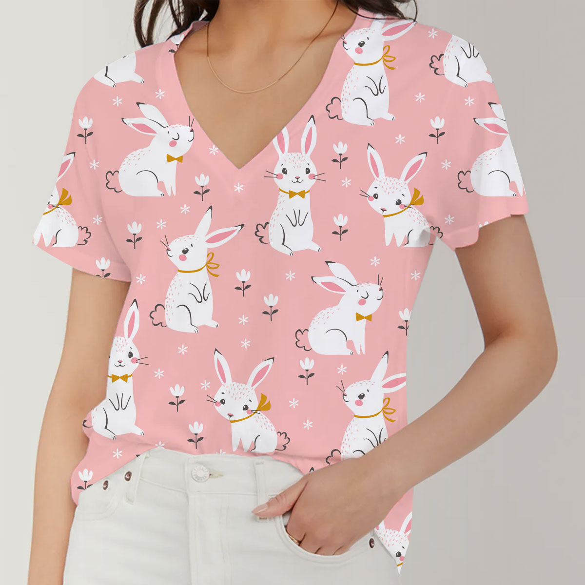 Cute Rabbit V-Neck Women's T-Shirt_1_2.1