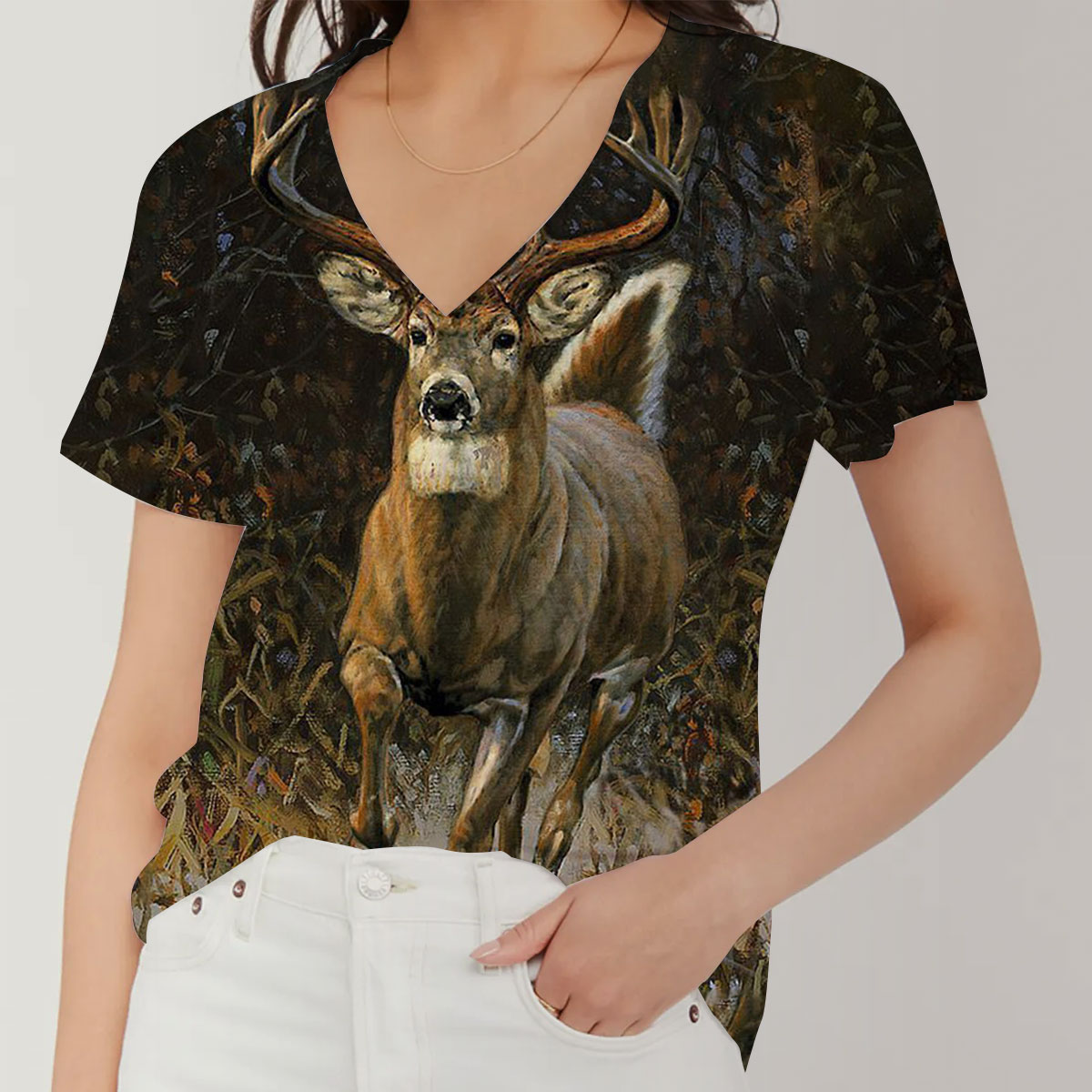Deer Hunting In The Forest V-Neck Women's T-Shirt_1_2.1