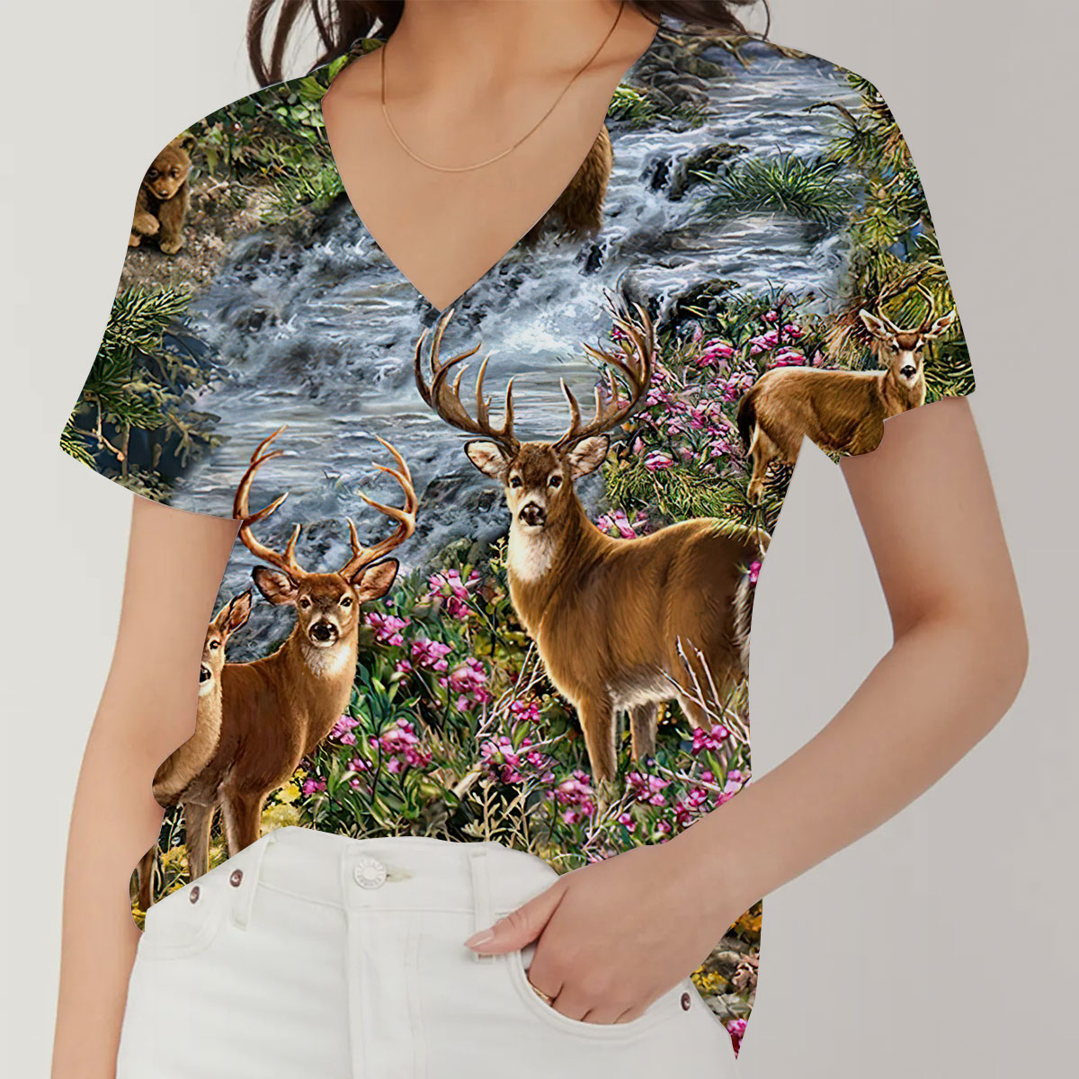 Deer and Bear Forest Hunting V-Neck Women's T-Shirt_1_2.1