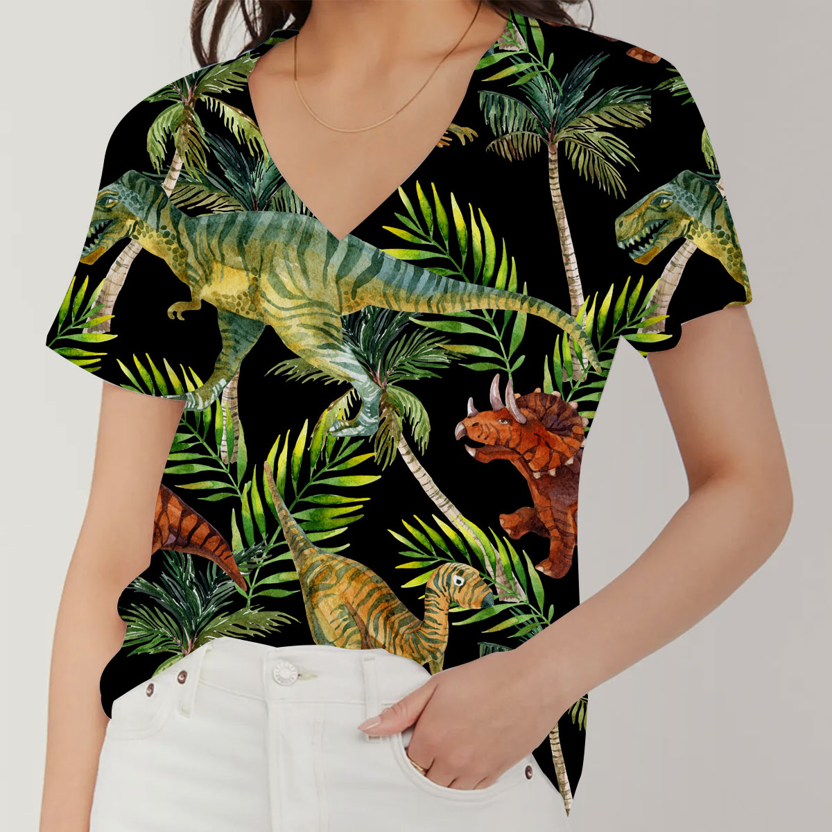 Dinosaur Palm Leaf V-Neck Women's T-Shirt_1_2.1