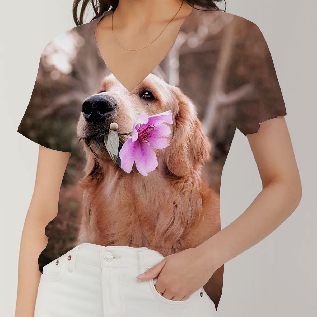 Dog Holding Flower V-Neck Women's T-Shirt_1_2.1