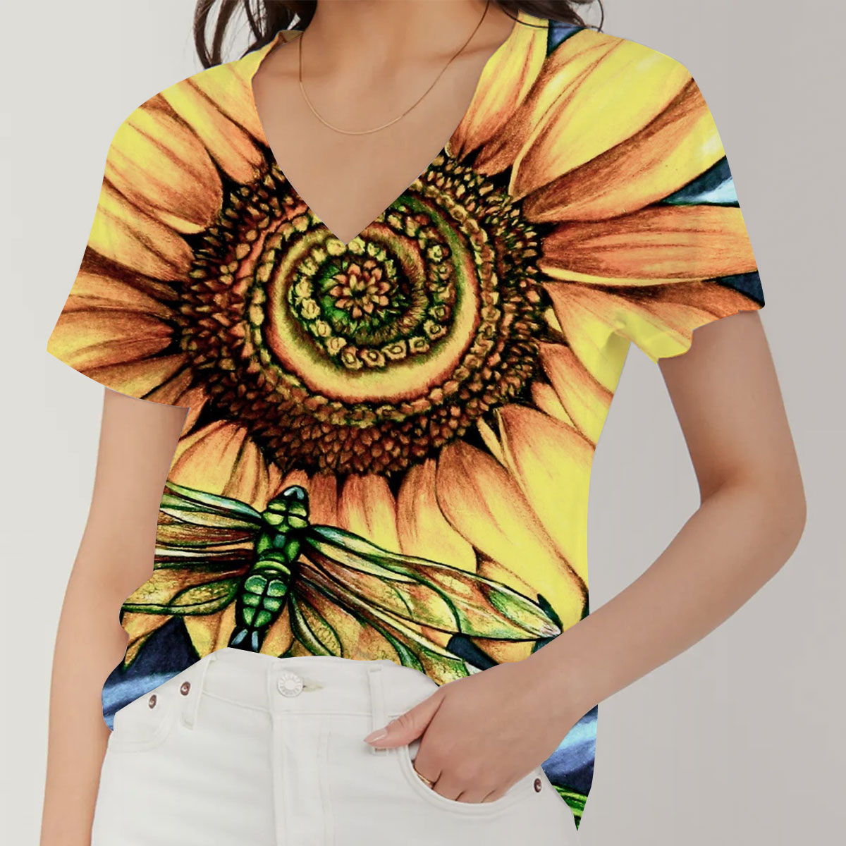 Dragonfly With Sunflower V-Neck Women's T-Shirt_1_2.1