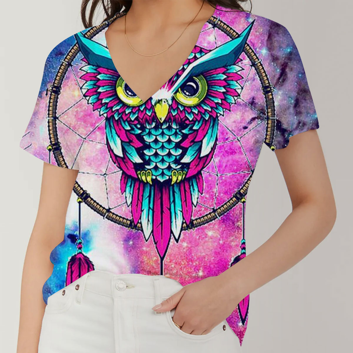 Dreamcatcher Owl V-Neck Women's T-Shirt_1_2.1