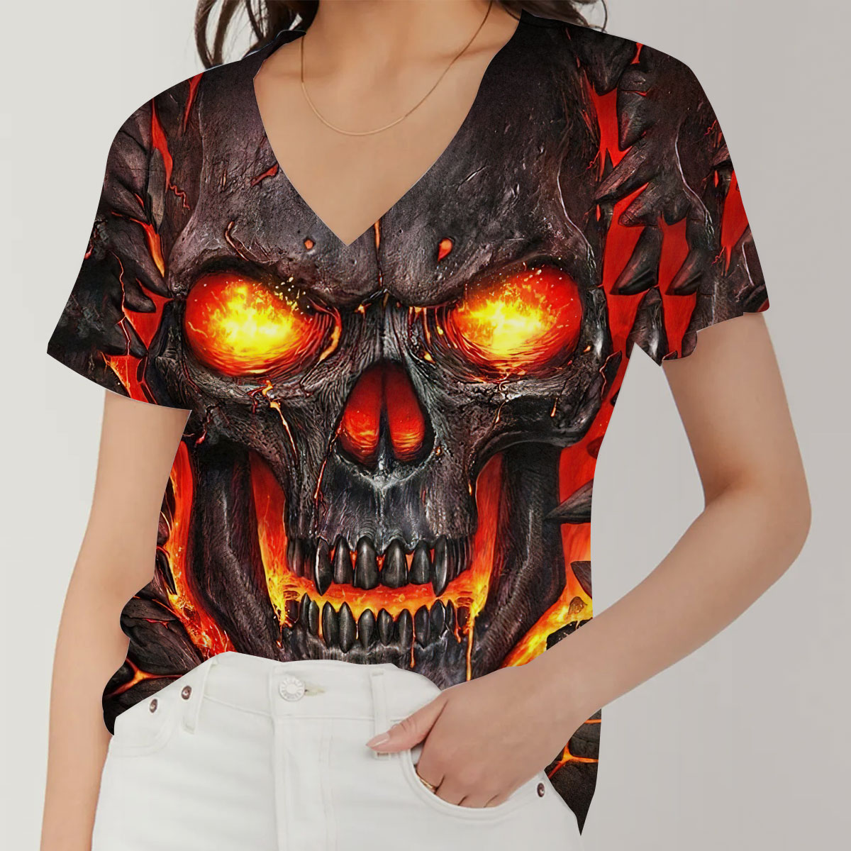Fire Skull V-Neck Women's T-Shirt_1_2.1