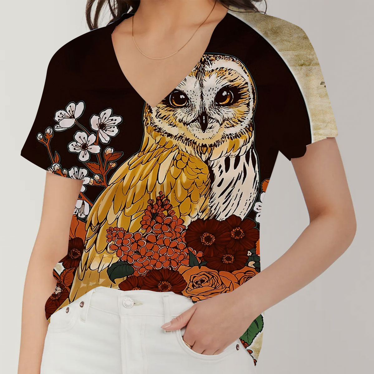 Floral Brown Owl V-Neck Women's T-Shirt_1_2.1
