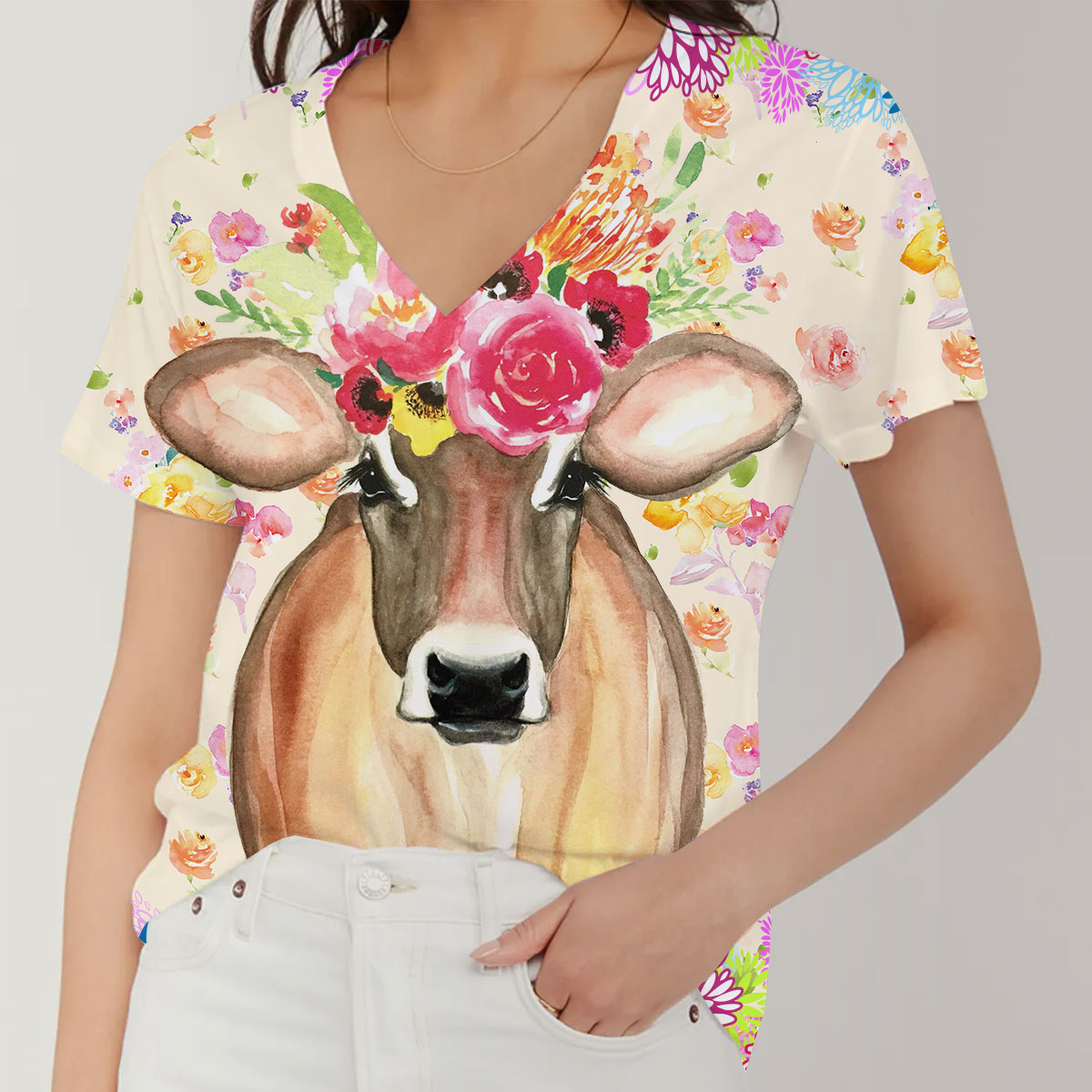 Floral Cow V-Neck Women's T-Shirt_1_2.1